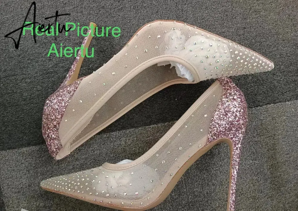 Aiertu New Crystal Pumps Shallow Crystal Stilettos Solid Pumps Beige High Heels Woman Spring Shoes Fashion Party Sexy Big Size HOT NOW