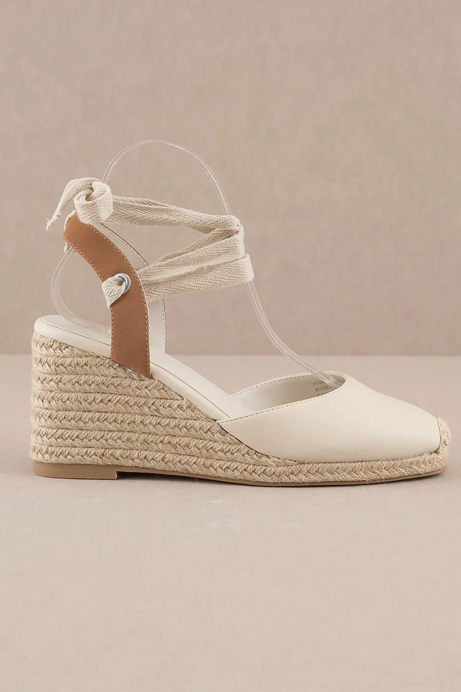 Beige Closed Toe, Espadrille Lace Up Wedge Open Cut Back