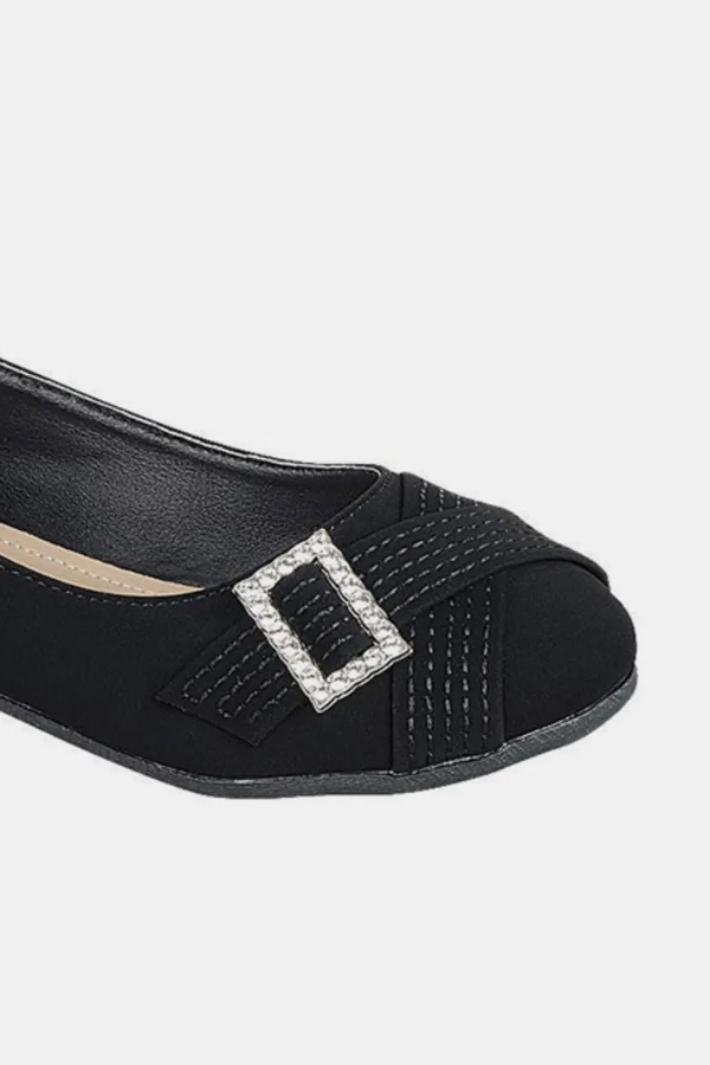 Black Vegan Leather Rhinestone Buckle Ballet Flats