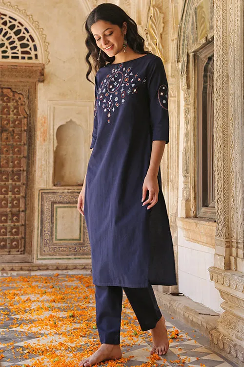 Okhai 'Riverbank' Pure Cotton Hand Embroidered Mirror Work Kurta