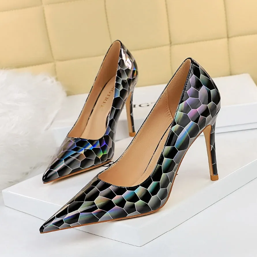 Shiny Silver Crocodile-Effect Pointed-Toe Stiletto Pumps – High Heel Shoes for Weddings & Parties