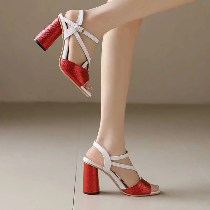 Women Vintage Heeled Sandals Ankle Strap Summer Heels